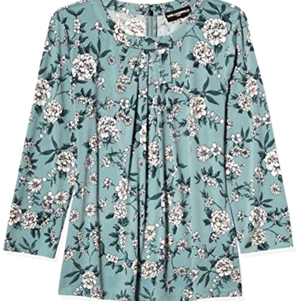 NWT Karl Lagerfeld Paris Floral Printed Tie Neck Blouse Blue XS，S